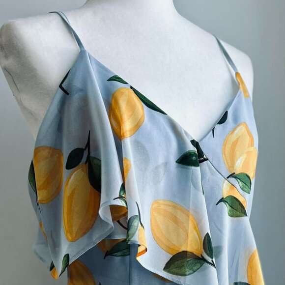 Melanie Lyne Icy Blue Lemon Print Asymmetrical Overlay Chiffon Maxi Dress – US 2 - Picture 11 of 15